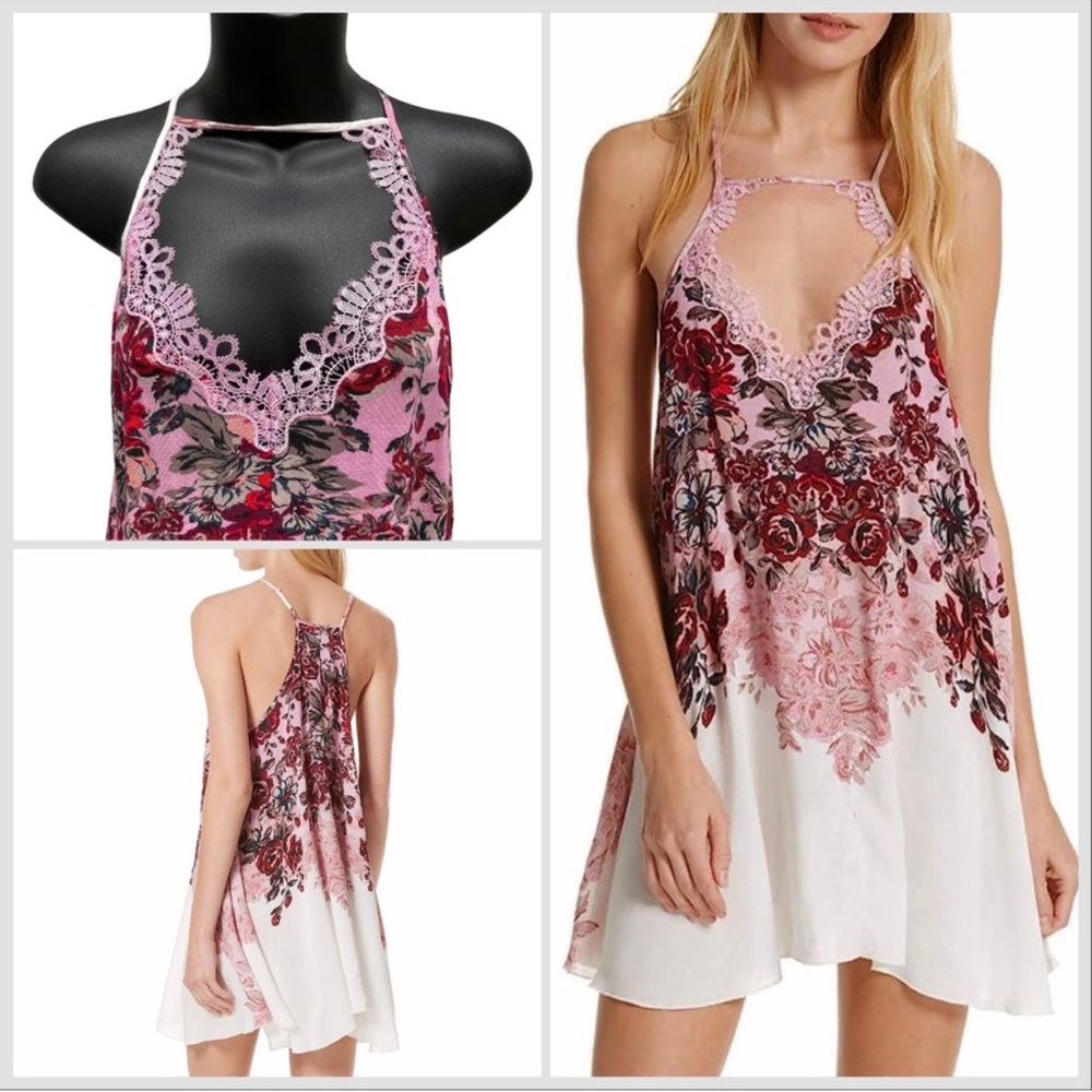 Free People “Floral Haze” Lace Trim Mini Slip Dress in “Tea Combo” 💕